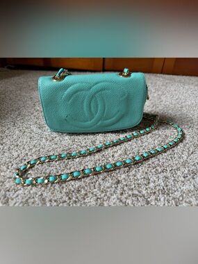 CHANEL Teal Quilted Caviar Leather Mini Crossbody
